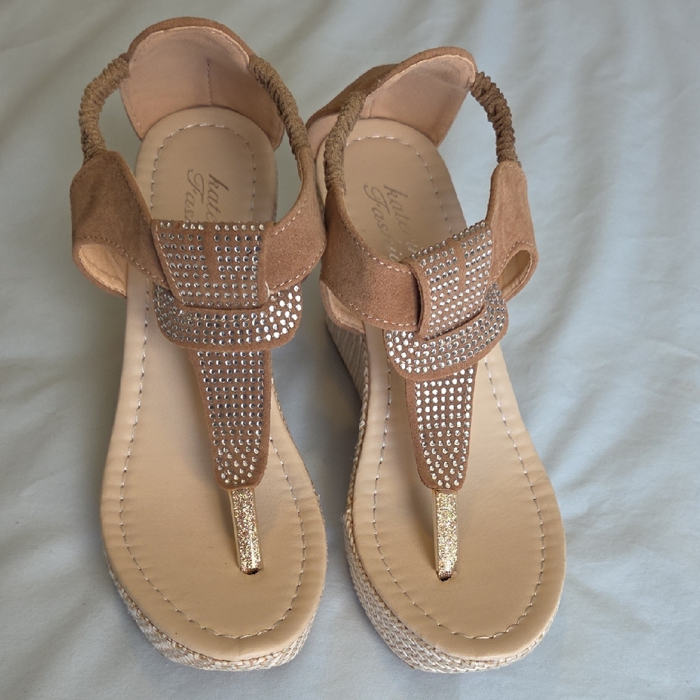 Women’s Tan Embellished T-Strap Wedge Sandals